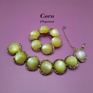 Vintage Coro Pegasus Moonglow Lucite Bracelet Brooch Set, 1950s, Gold Tone